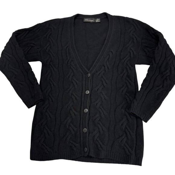 Paul Harris Lambswool Cardigan Sweater Black Cable Knit Womens Size M - Picture 2 of 9